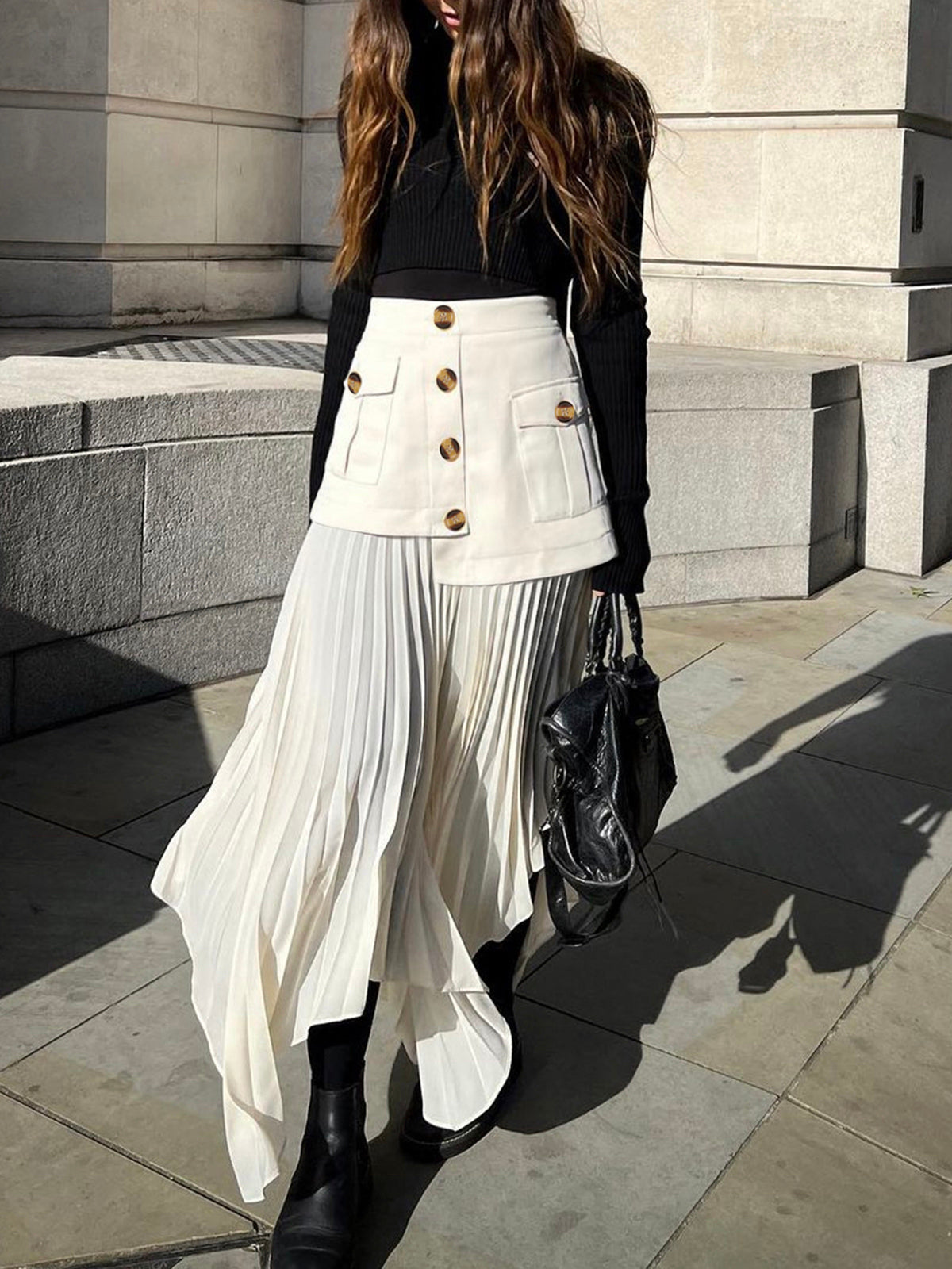 Patchwork Asymmetrical Pleated Buttoned Midi Skirt - Seldom Seen Styles
