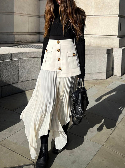 Asymmetrischer, plissierter Midi-Rock mit Knopfleiste im Patchwork-Look