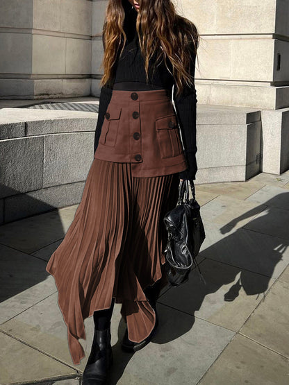 Asymmetrischer, plissierter Midi-Rock mit Knopfleiste im Patchwork-Look