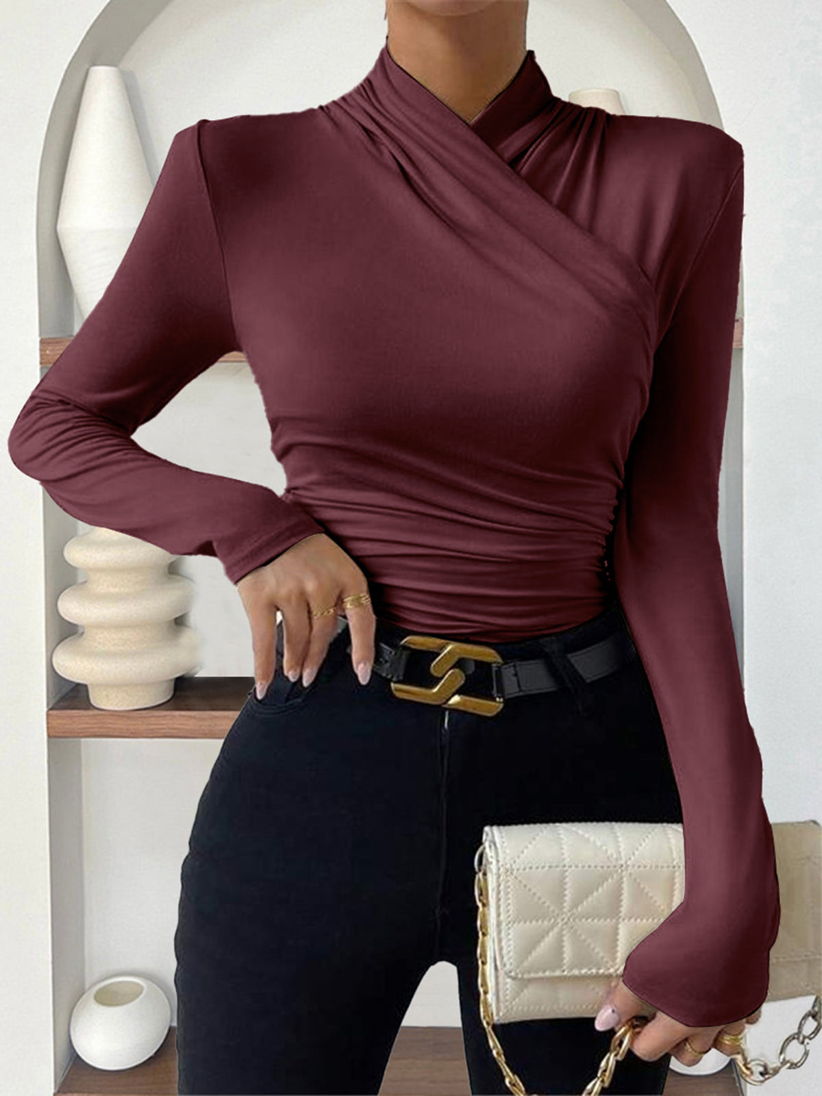 Cross-Over Collar Pleated Cinched T-Shirt - Seldom Seen Styles