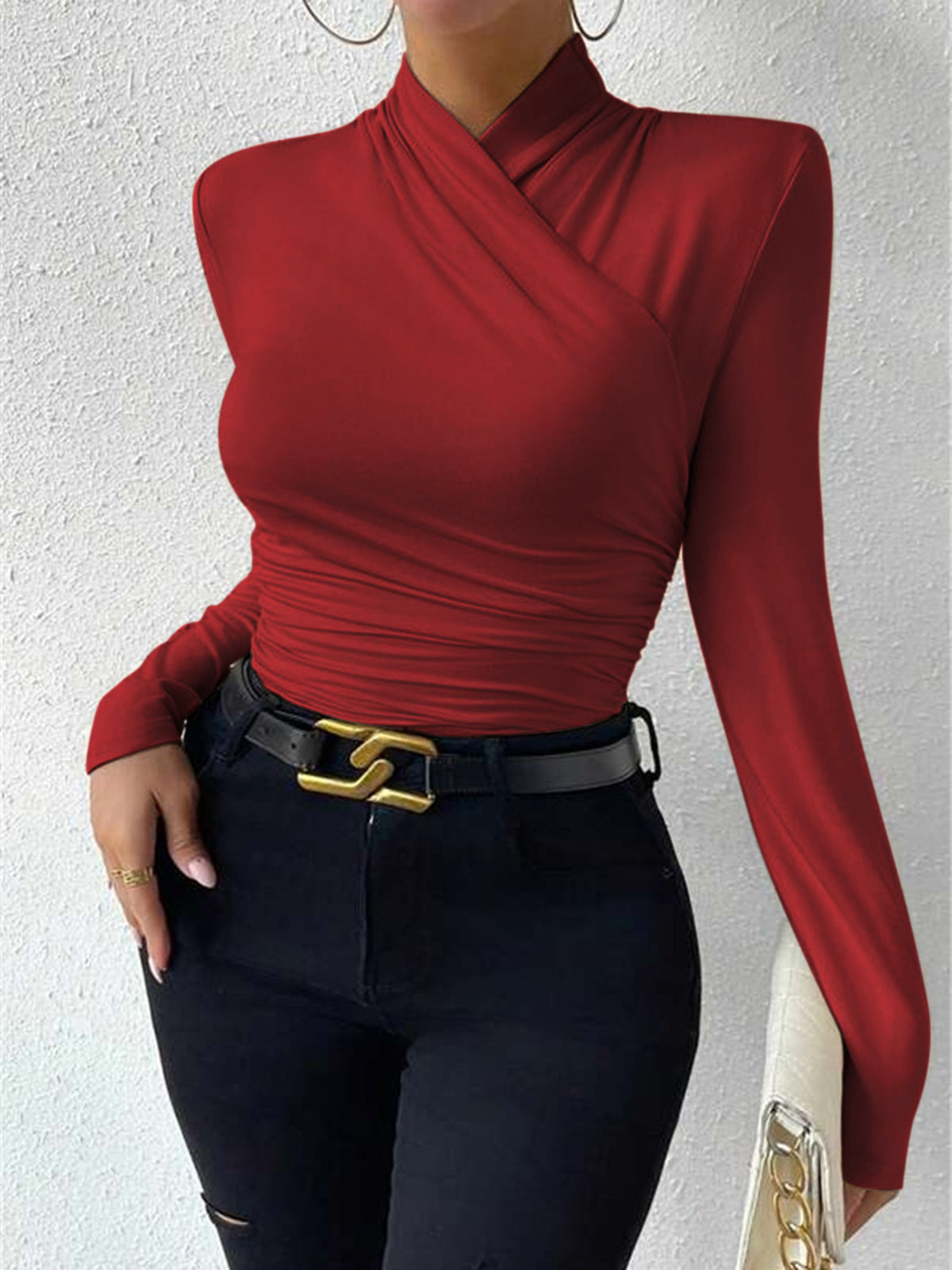 Cross-Over Collar Pleated Cinched T-Shirt - Seldom Seen Styles