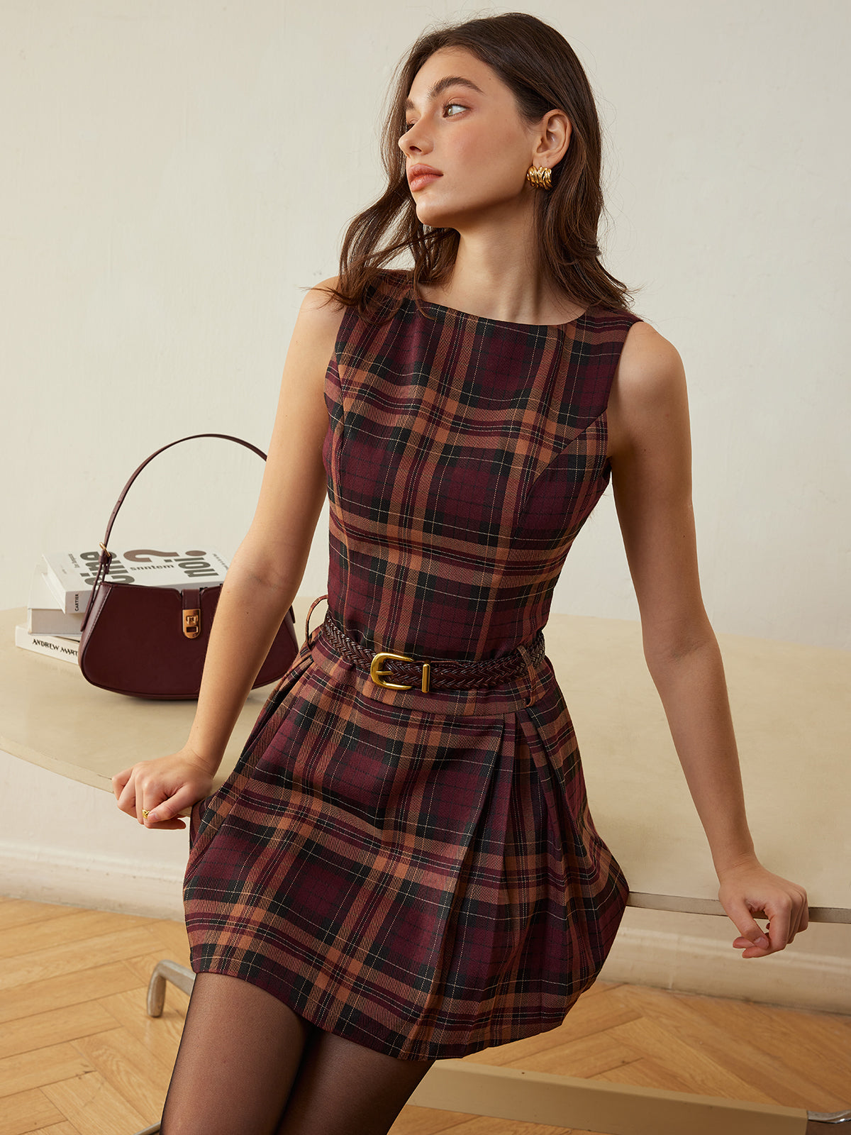 Checked Pleated Tank Dress Without Belt - Seldom Seen Styles