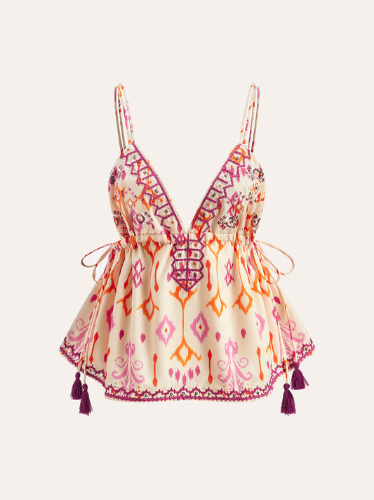 Embroidered Boho Tassel Tie Cami Top - Seldom Seen Styles