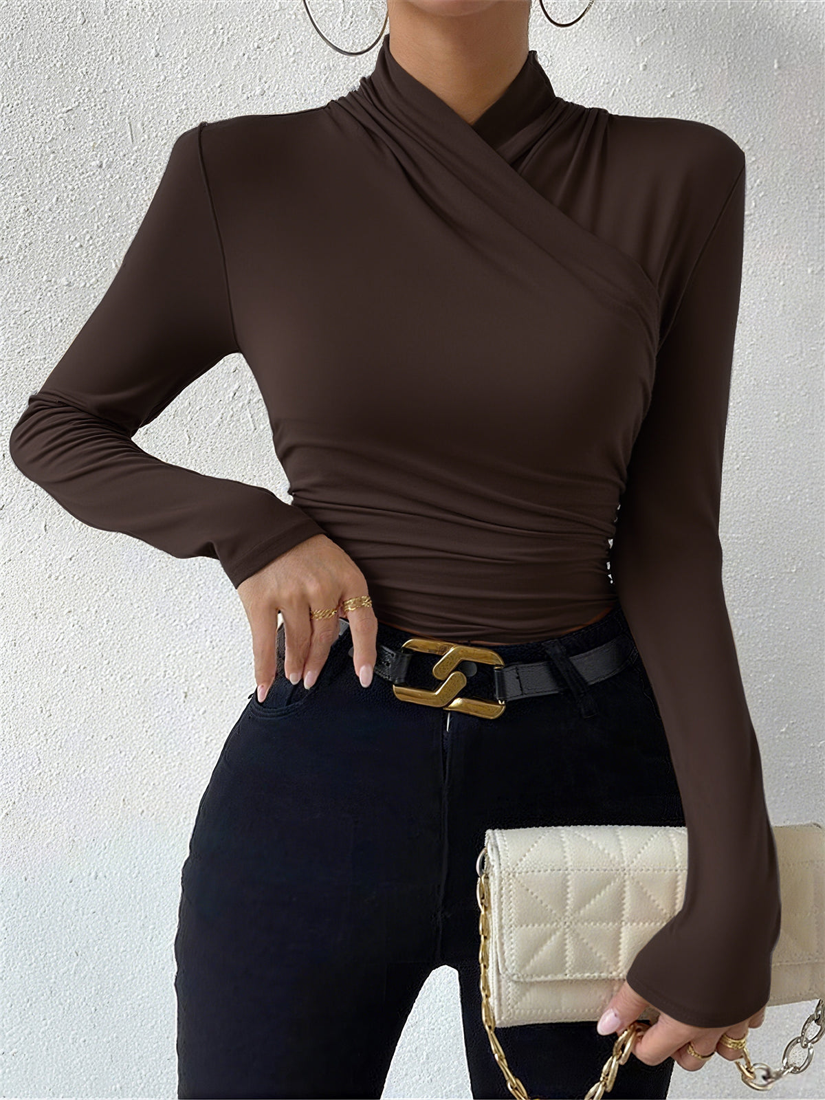 Cross-Over Collar Pleated Cinched T-Shirt - Seldom Seen Styles