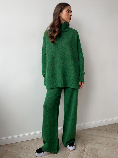 Plain Turtleneck Knit Pants Set