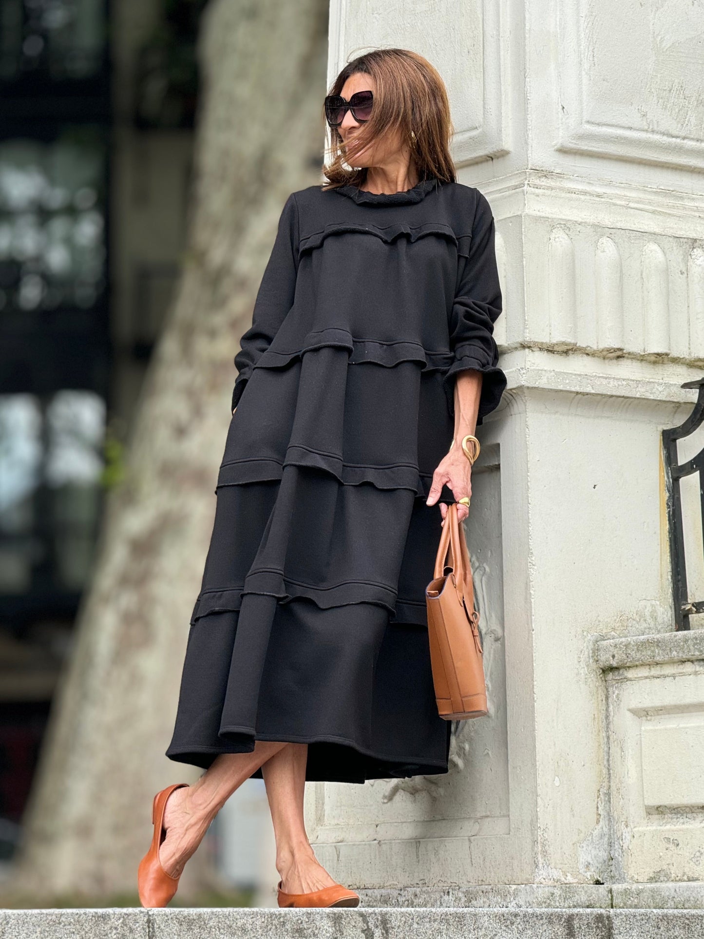 Womens Mock Neck Maxi Babydoll Dress Fall Casual Loose Cute Long Sleeve Ruffle Hem Long Dress Solid Color - Seldom Seen Styles