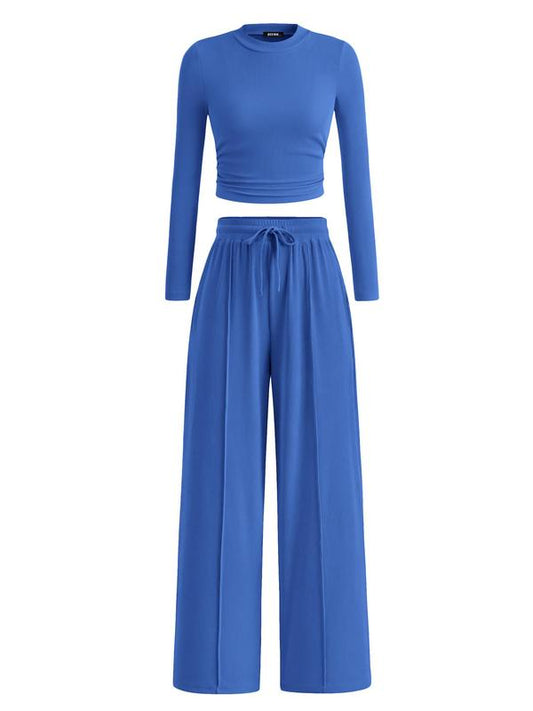 BTFBM 2-Piece Ribbed Knit Long Sleeve Crop Top Wide Leg Pants Matching Lounge Set Loungewear - Seldom Seen Styles
