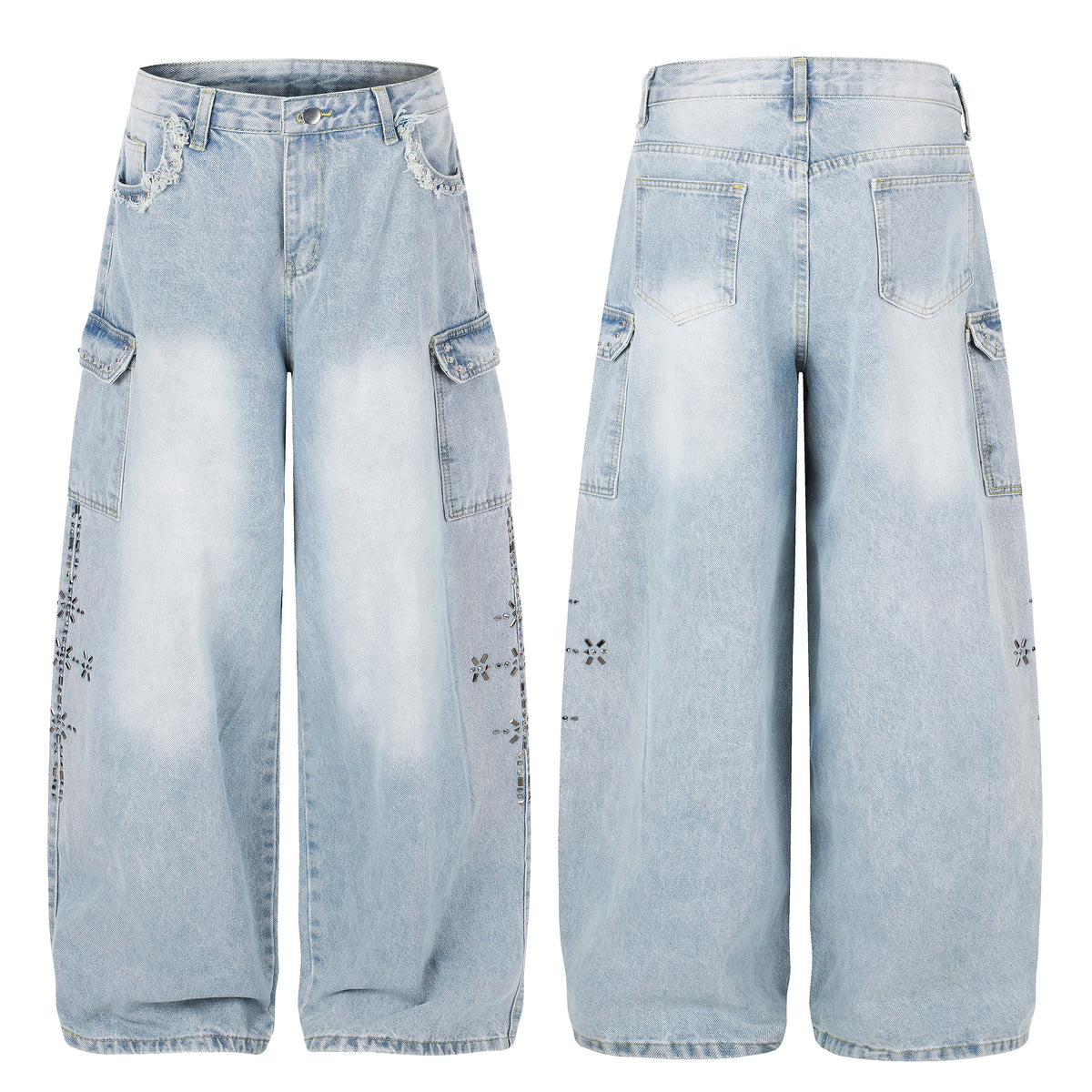 BVNTENG Cross Stitching Distressed Cargo Balloon Jeans - Seldom Seen Styles