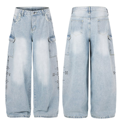 BVNTENG Cross Stitching Distressed Cargo Balloon Jeans