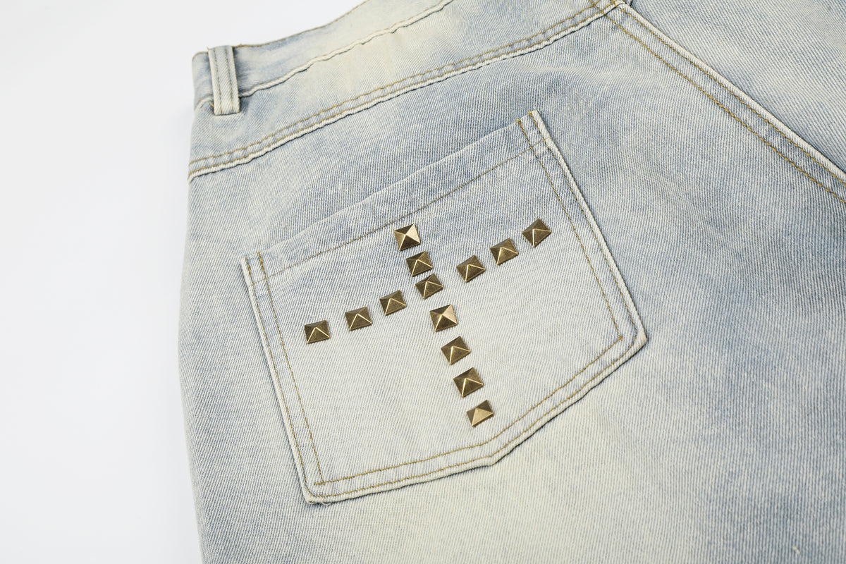 BVNTENG Cross Studded Washed Denim Jorts - Seldom Seen Styles