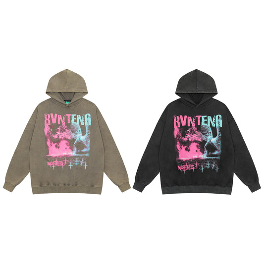 BVNTENG Cyberpunk Angel Graphic Washed Hoodie - Seldom Seen Styles
