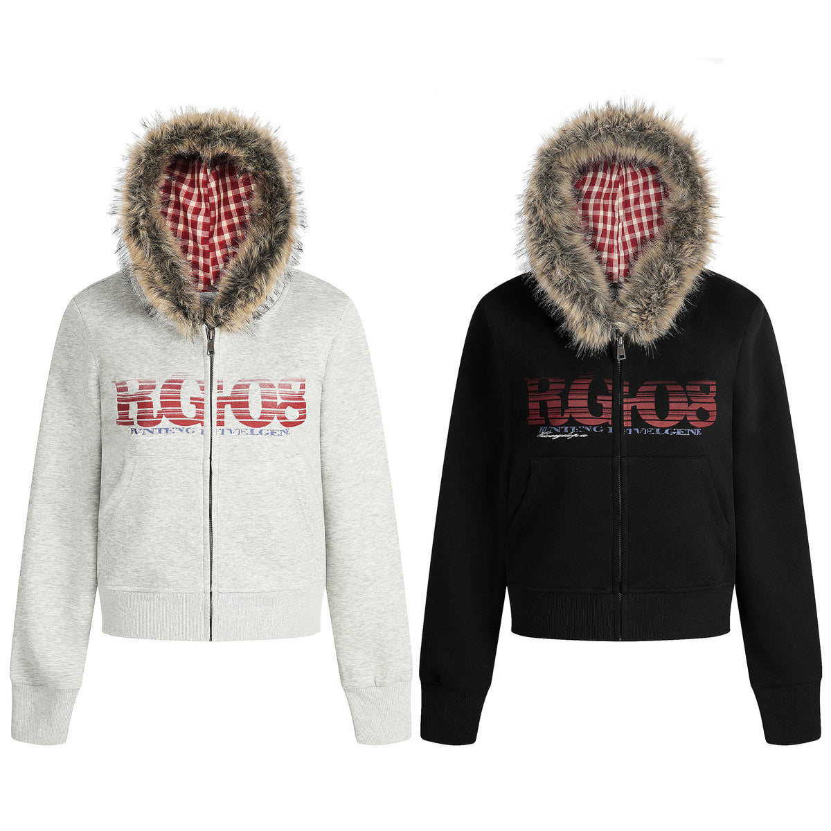 BVNTENG Faux-Fur Collar Plaid Hood Lined Zip Hoodie - Seldom Seen Styles