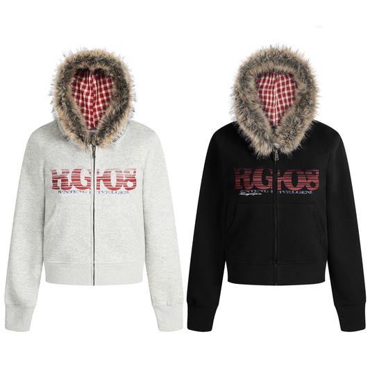 BVNTENG Faux-Fur Collar Plaid Hood Lined Zip Hoodie - Seldom Seen Styles