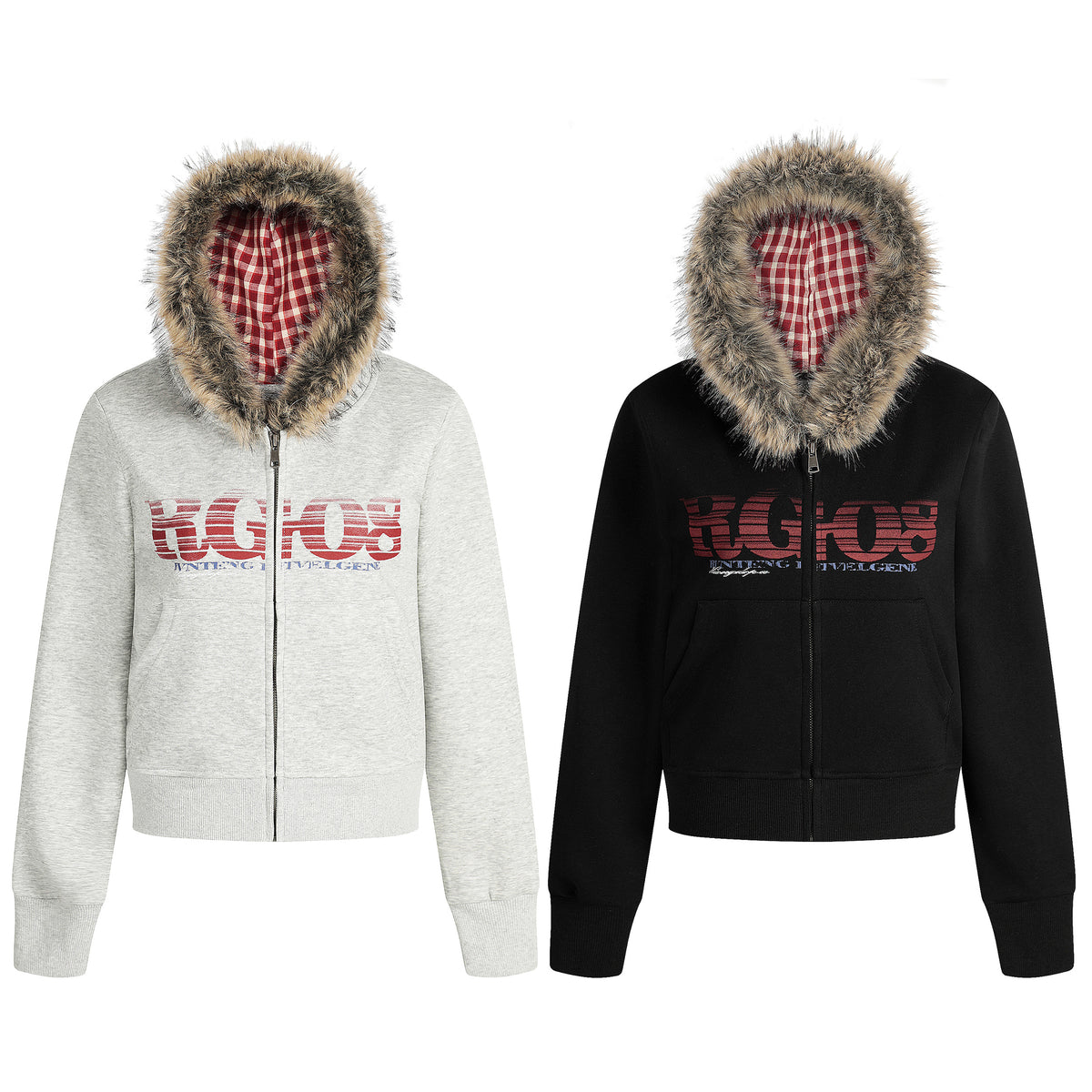 BVNTENG Faux-Fur Collar Plaid Hood Lined Zip Hoodie - Seldom Seen Styles
