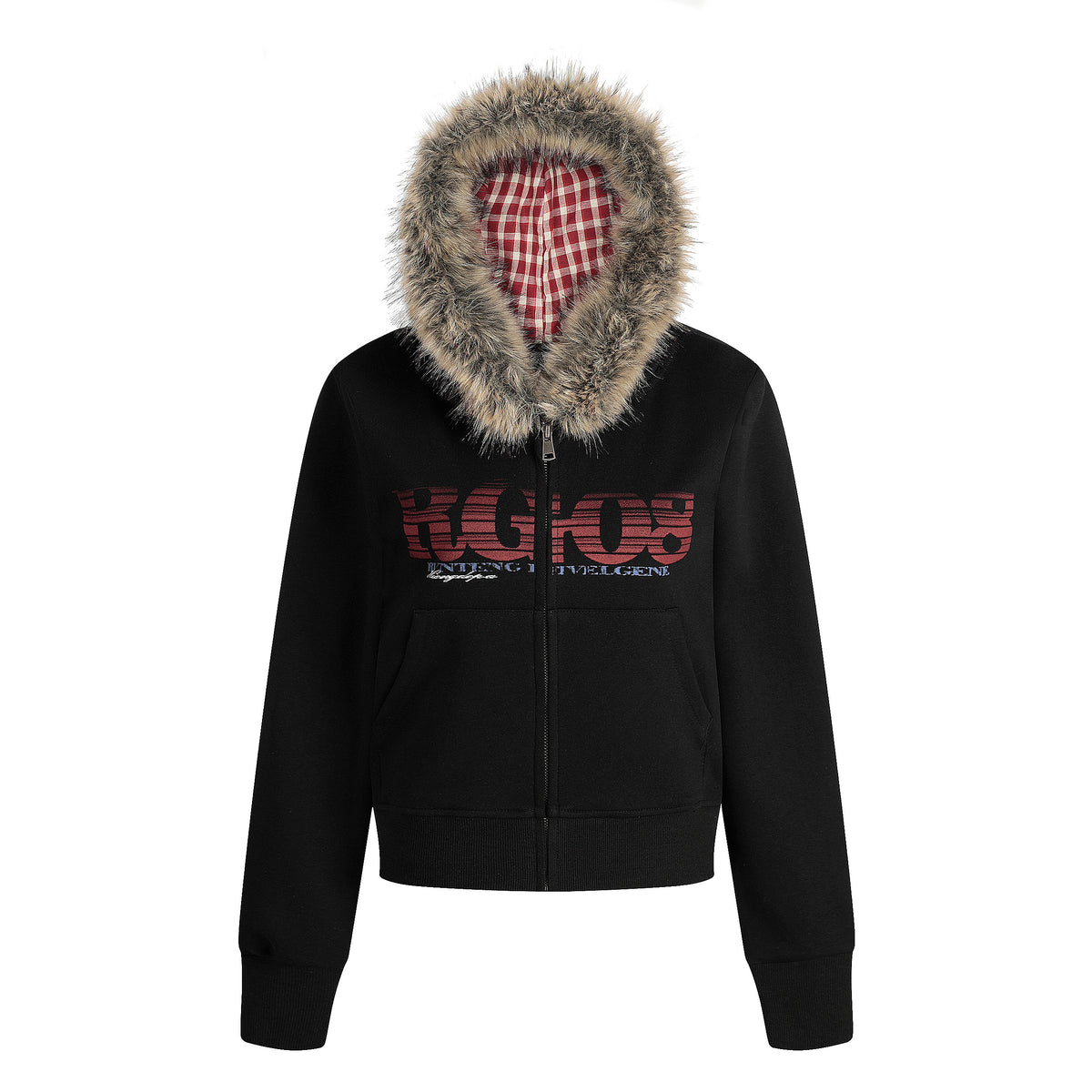 BVNTENG Faux-Fur Collar Plaid Hood Lined Zip Hoodie - Seldom Seen Styles