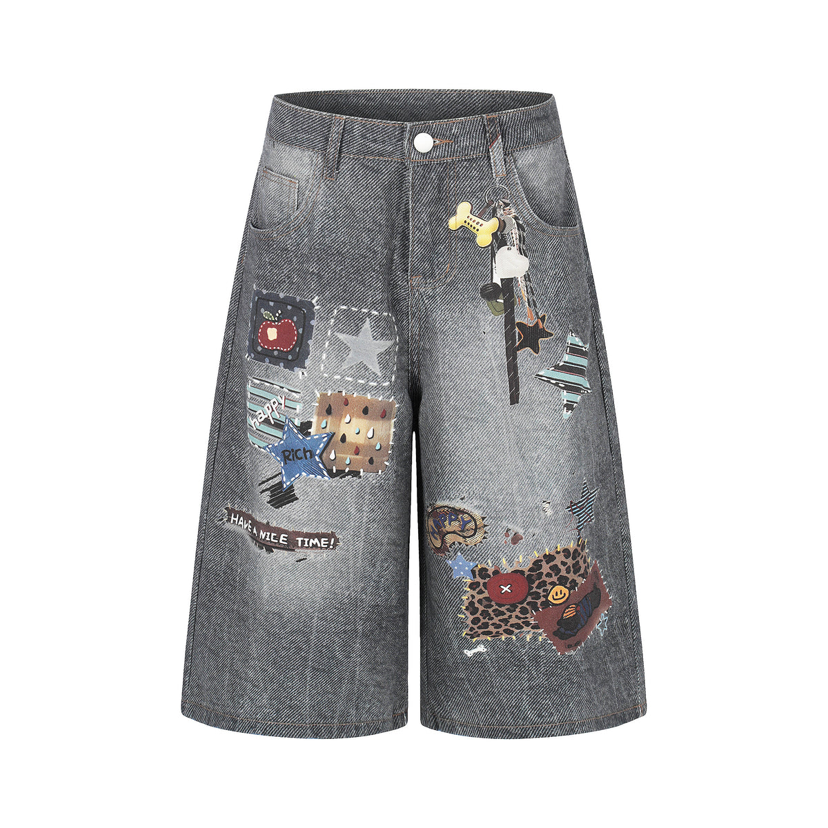 BVNTENG Leopard Dog Bone Patchwork Denim Jorts - Seldom Seen Styles