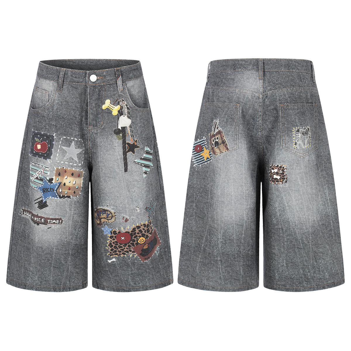 BVNTENG Leopard Dog Bone Patchwork Denim Jorts - Seldom Seen Styles