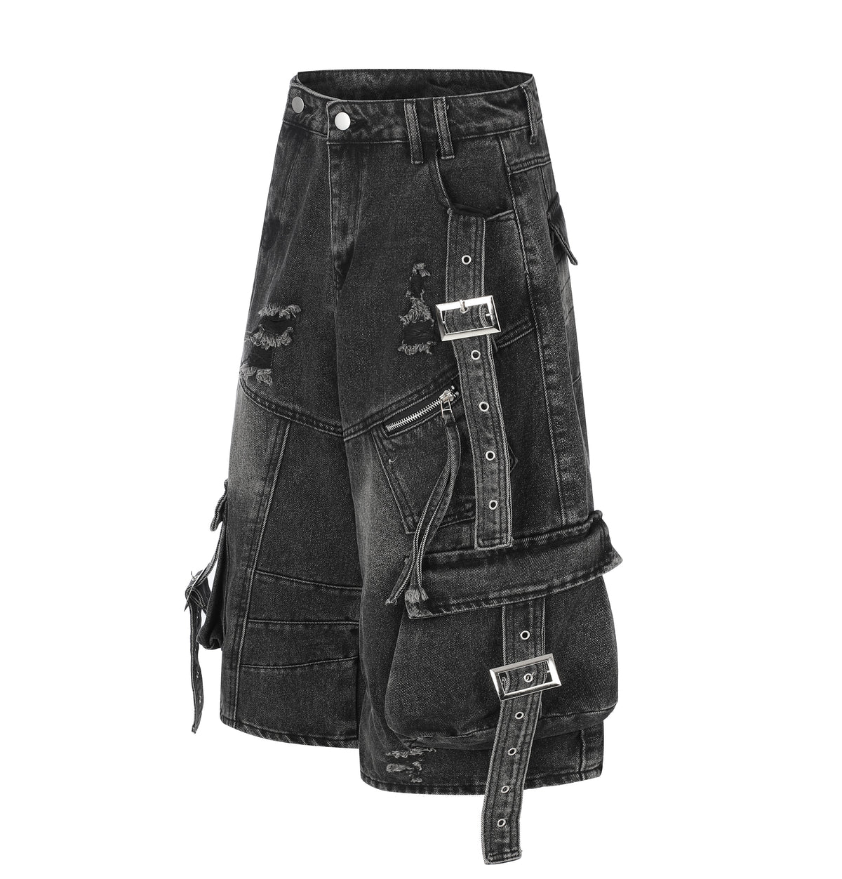 BVNTENG Metal Buckle Multi-Belt Destroyed Cargo Jorts - Seldom Seen Styles