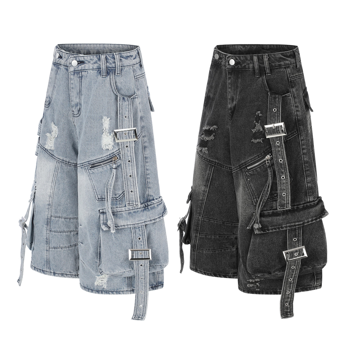 BVNTENG Metal Buckle Multi-Belt Destroyed Cargo Jorts - Seldom Seen Styles