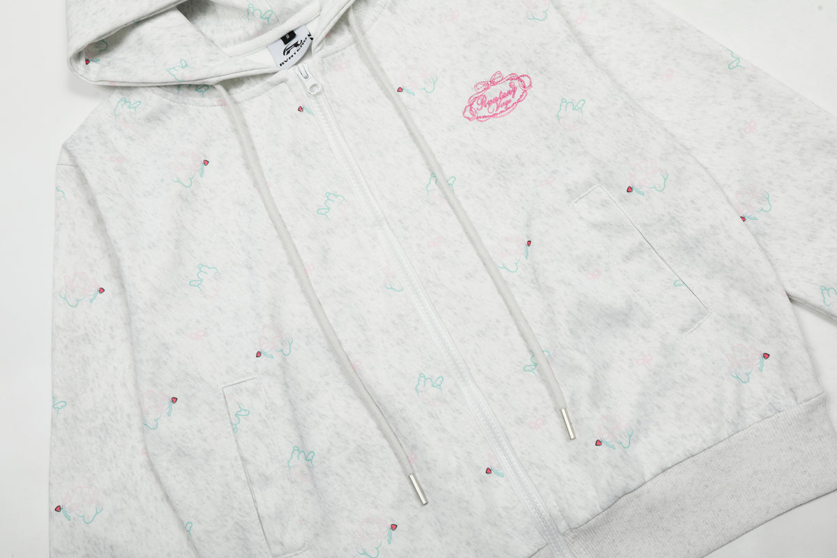 BVNTENG Mini Floral Bow-Tie Rhinestone Washed Zip Hoodie - Seldom Seen Styles
