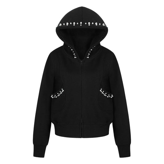 BVNTENG Pearl Embellished Curved Panel Zip Hoodie - Seldom Seen Styles