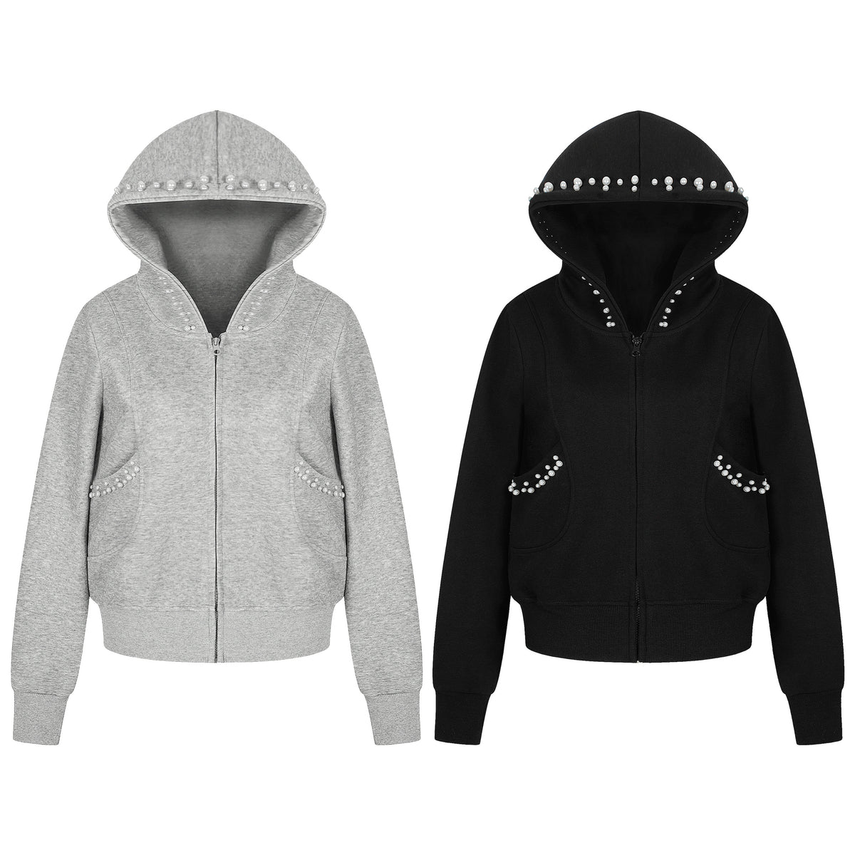BVNTENG Pearl Embellished Curved Panel Zip Hoodie - Seldom Seen Styles