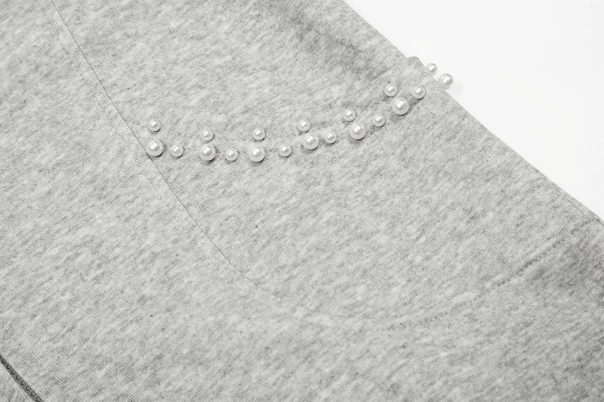 BVNTENG Pearl Embellished Curved Panel Zip Hoodie - Seldom Seen Styles