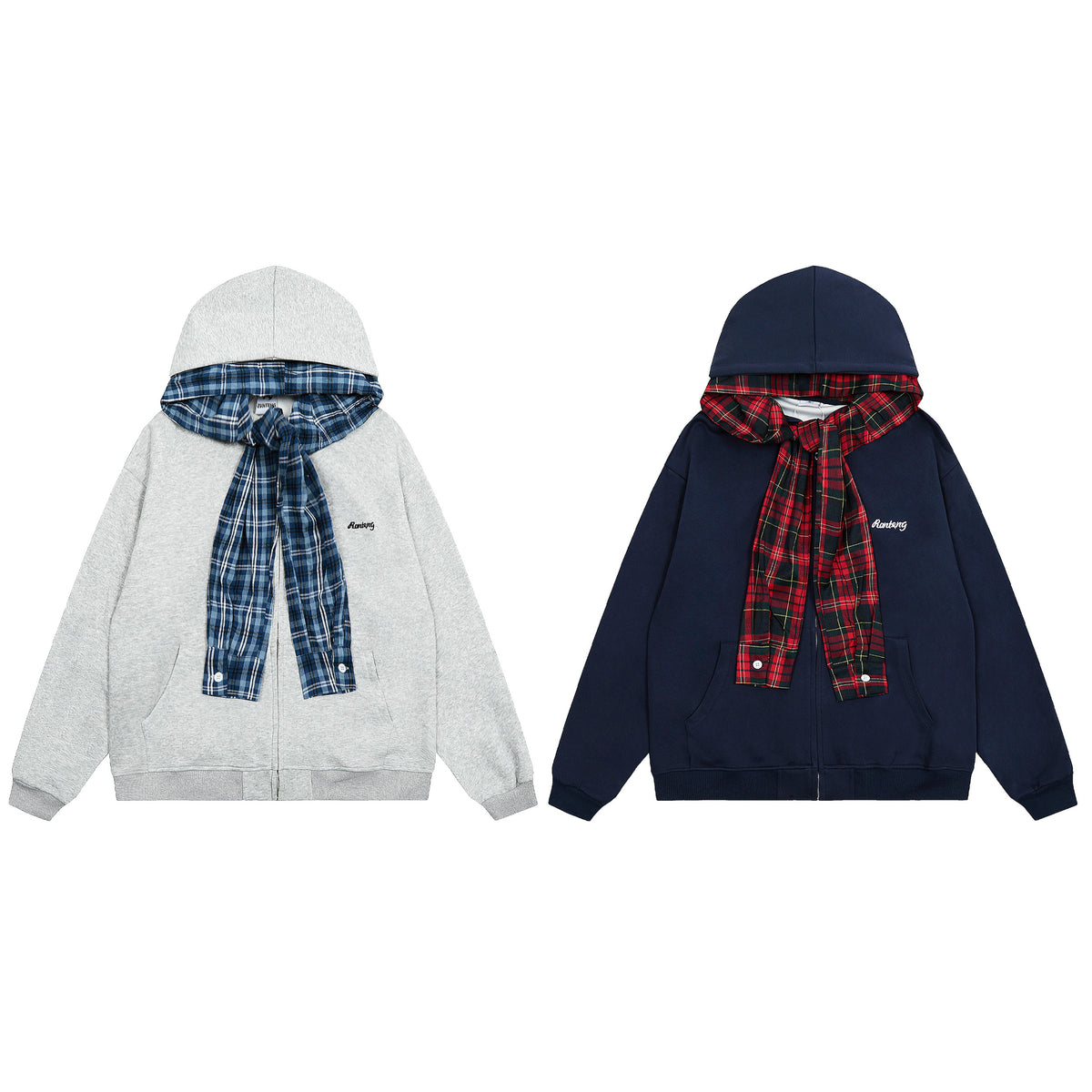 BVNTENG Plaid Shirt Tied Layered Zip Hoodie - Seldom Seen Styles