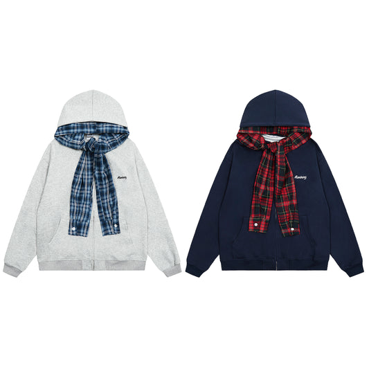 BVNTENG Plaid Shirt Tied Layered Zip Hoodie - Seldom Seen Styles