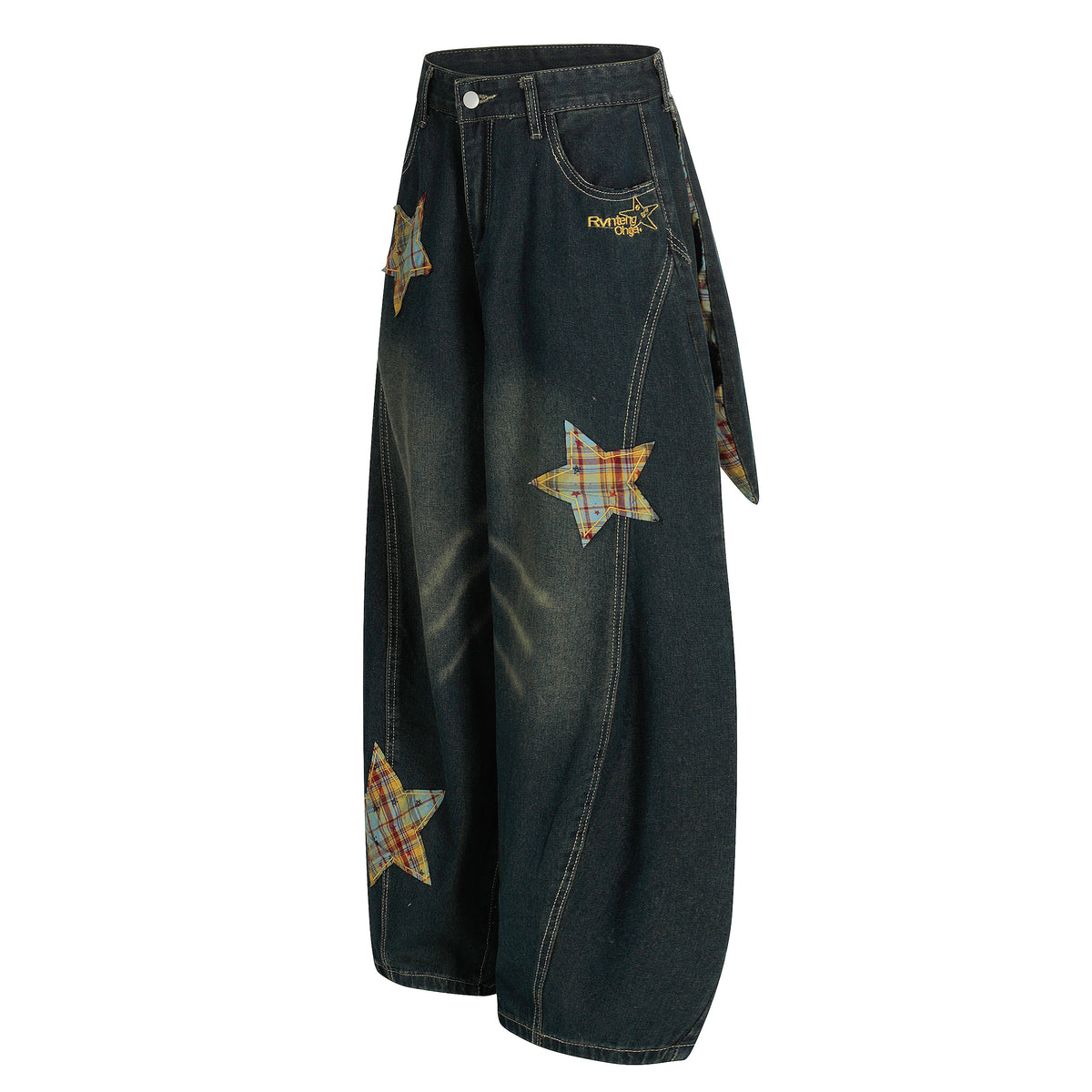 BVNTENG Plaid Star Patch Deconstructed Bunny Tail Jeans - Seldom Seen Styles