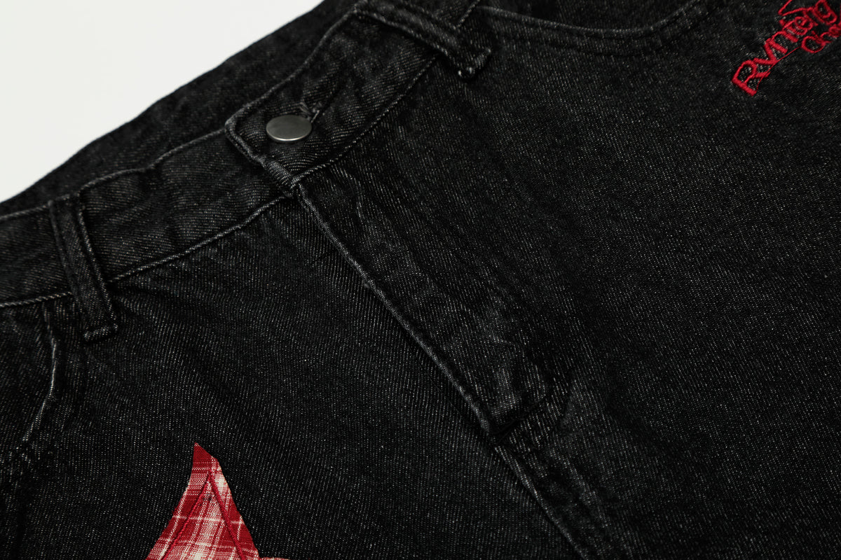 BVNTENG Plaid Star Patch Deconstructed Bunny Tail Jeans - Seldom Seen Styles