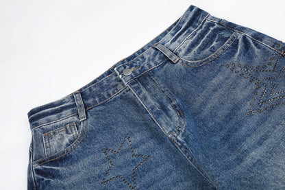 BVNTENG Star Rhinestone Ripped Faded Baggy Jeans