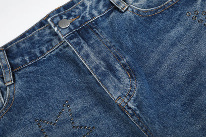 BVNTENG Star Rhinestone Ripped Faded Baggy Jeans