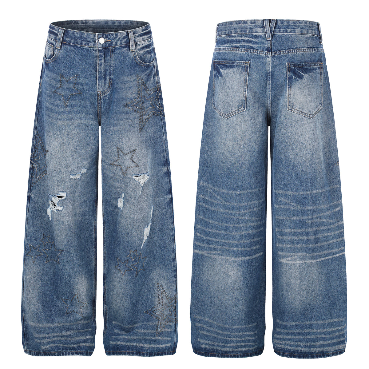 BVNTENG Star Rhinestone Ripped Faded Baggy Jeans - Seldom Seen Styles