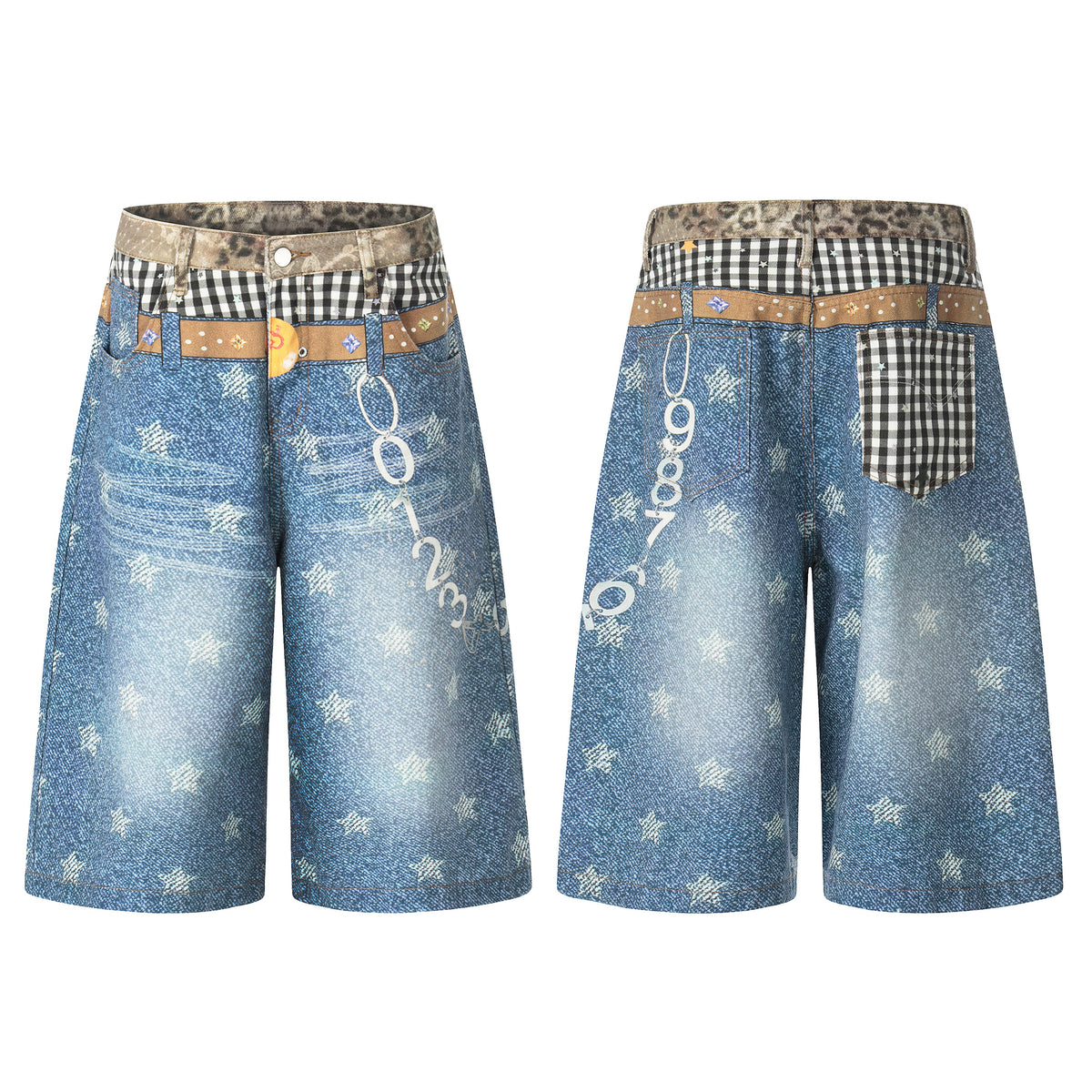 BVNTENG Trompe-L'oeil Layers Star Print Denim Jorts - Seldom Seen Styles