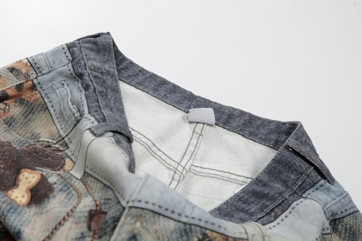 BVNTENG Trompe-L'oeil Leopard Plush Heart Denim Jorts - Seldom Seen Styles