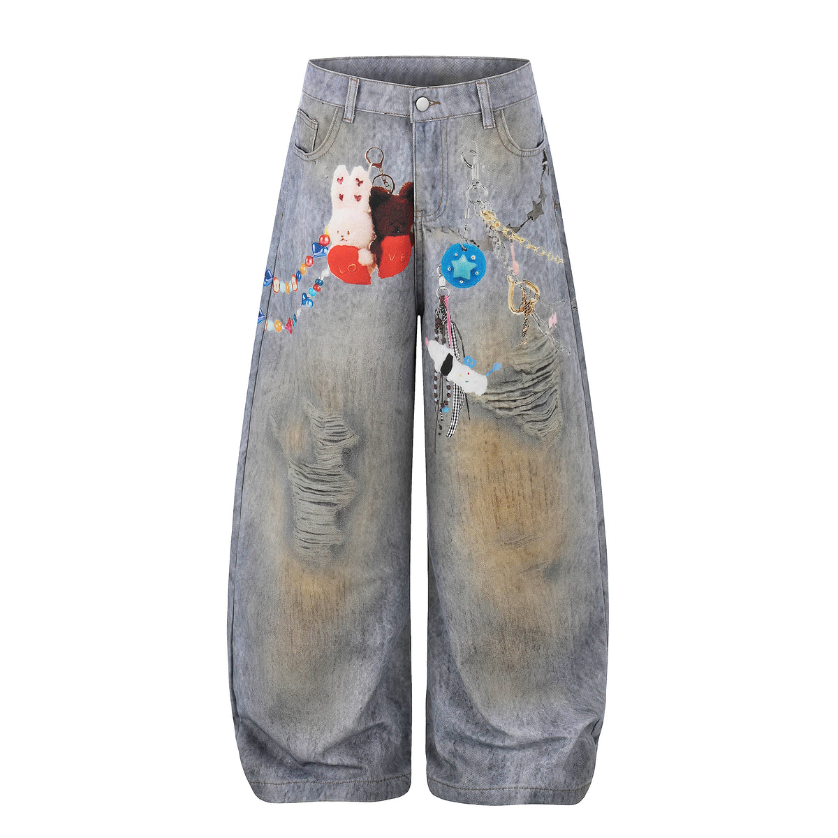 BVNTENG Trompe-L'oeil Plush Rabbit Bear Destructed Jeans - Seldom Seen Styles
