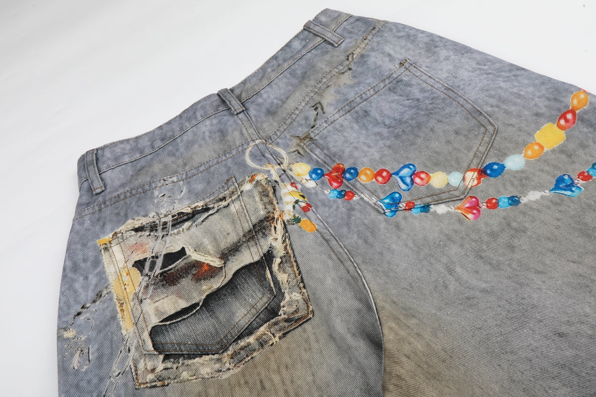 BVNTENG Trompe-L'oeil Plush Rabbit Bear Destructed Jeans - Seldom Seen Styles