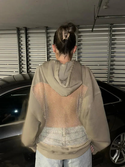 Haut à capuche sans dos en maille transparente