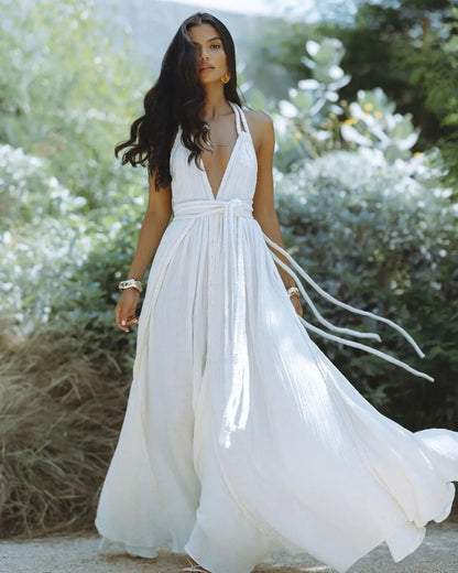 Boho Maxi Dress White Backless