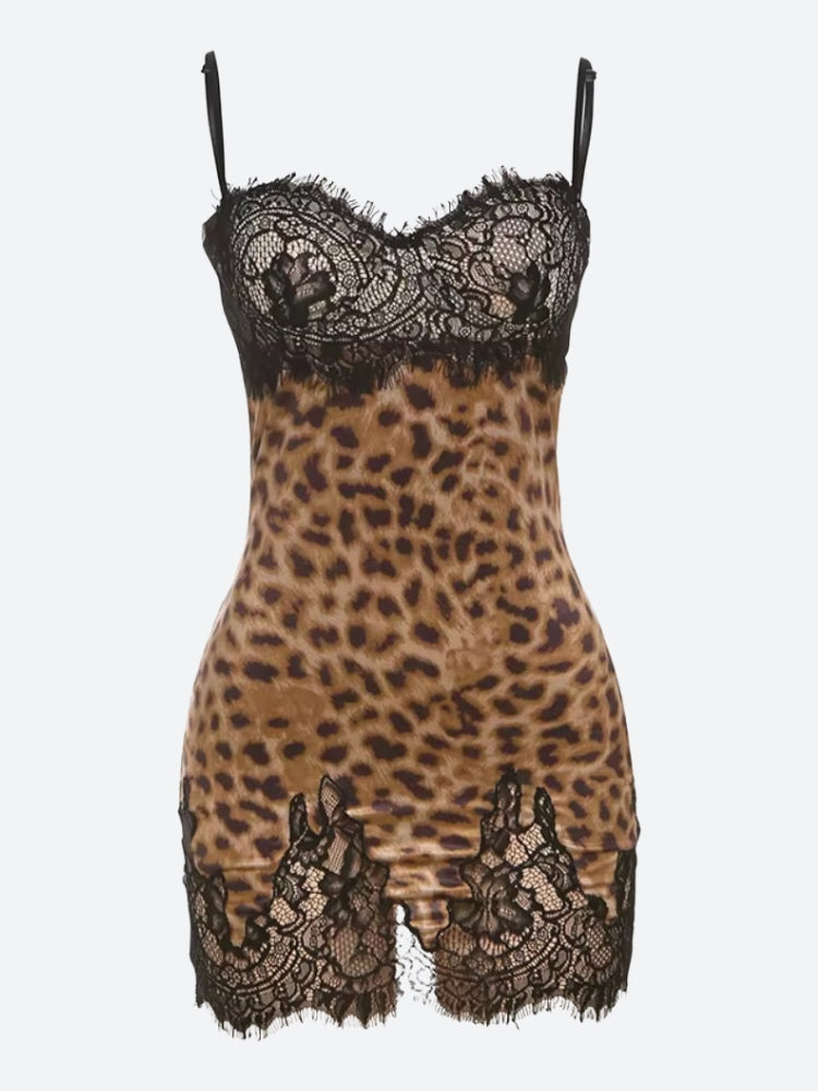 Women's Brown Leopard Lace Mini Dress Bodycon High Waist V-Neck Sleeveless Pencil Dress for Party Birthday Club Night Out - Seldom Seen Styles