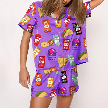 Bell Pajama Set For Women Print Comfy Satin Sleepwear & Loungewear Pjs Short Sleeve Top & Bottoms Shorts Without Pockets - SHESHOW