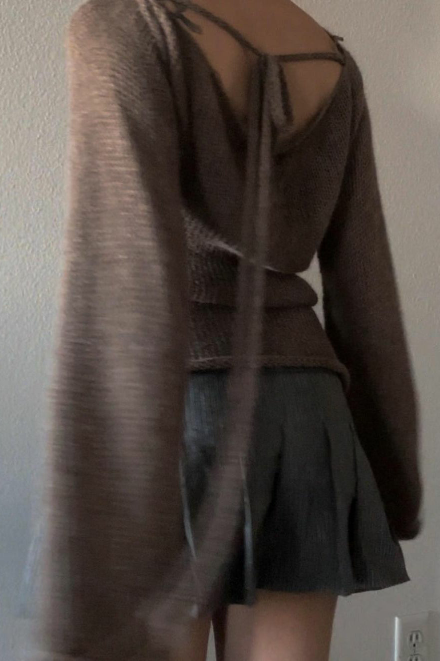 Bell Sleeve Tie Back Women's Tie Backless Lightweight Sweater Y2k Bell Sleeve Oversized Knit Sweater Top - Seldom Seen Styles