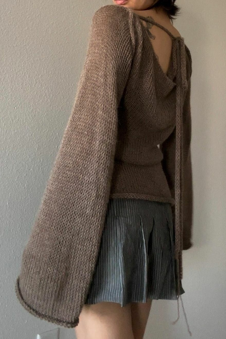 Bell Sleeve Tie Back Women's Tie Backless Lightweight Sweater Y2k Bell Sleeve Oversized Knit Sweater Top - Seldom Seen Styles