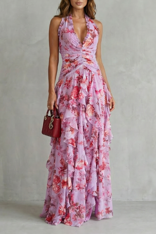 Belladina – Romantic rose cascade – Halter maxi dress - Seldom Seen Styles