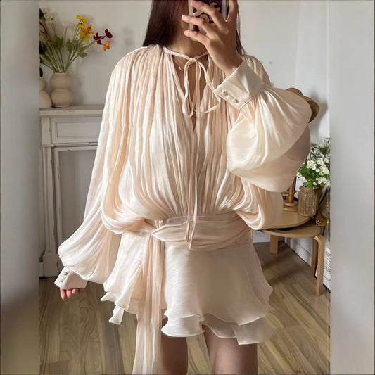 Beryl Pleated Ruffle Hem Mini Dress Puff Sleeve Ruffle Short Dress Two-Piece Set New Pleated Design Short Dress - Seldom Seen Styles
