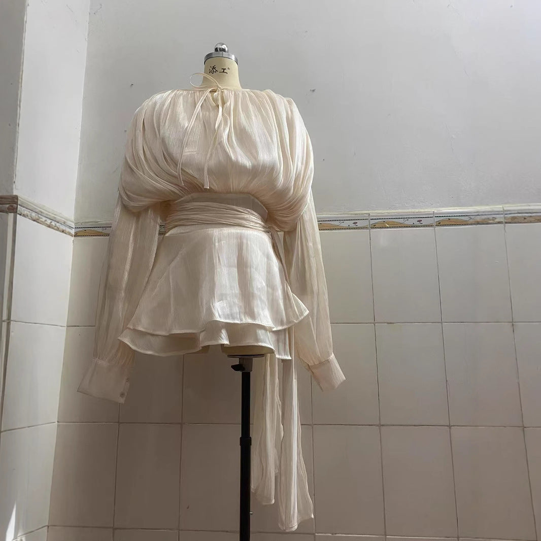 Beryl Pleated Ruffle Hem Mini Dress Puff Sleeve Ruffle Short Dress Two-Piece Set New Pleated Design Short Dress - Seldom Seen Styles