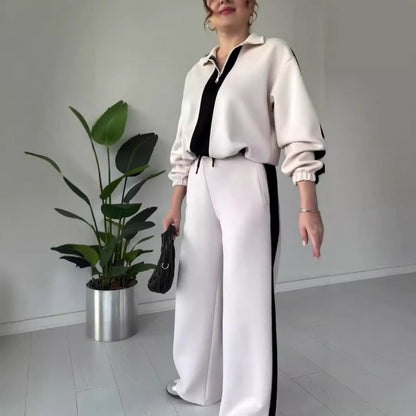 🔥🖤Black Friday Sale:50% RABATT🔥Damen-Set mit Reißverschluss-Revers-Oberteil und Hose, 2-teilig