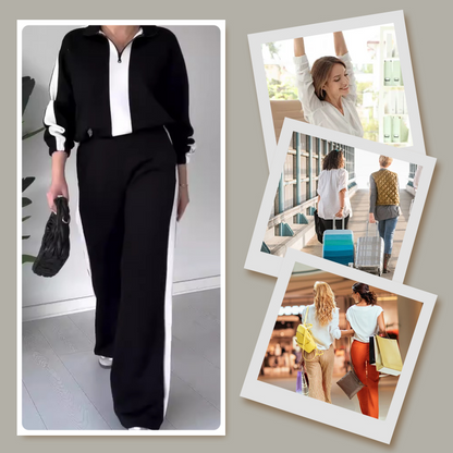 🔥🖤Black Friday Sale:50% RABATT🔥Damen-Set mit Reißverschluss-Revers-Oberteil und Hose, 2-teilig