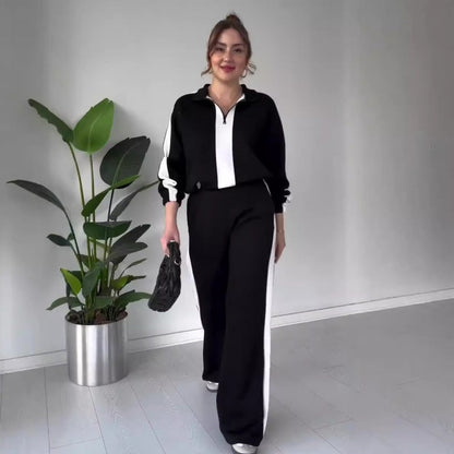 🔥🖤Black Friday Sale:50% RABATT🔥Damen-Set mit Reißverschluss-Revers-Oberteil und Hose, 2-teilig